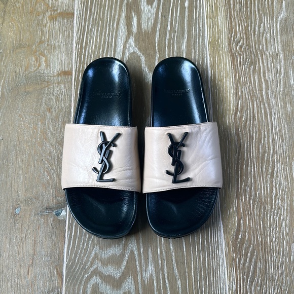 Saint Laurent Joan Logo Leather Slides - Picture 1 of 5